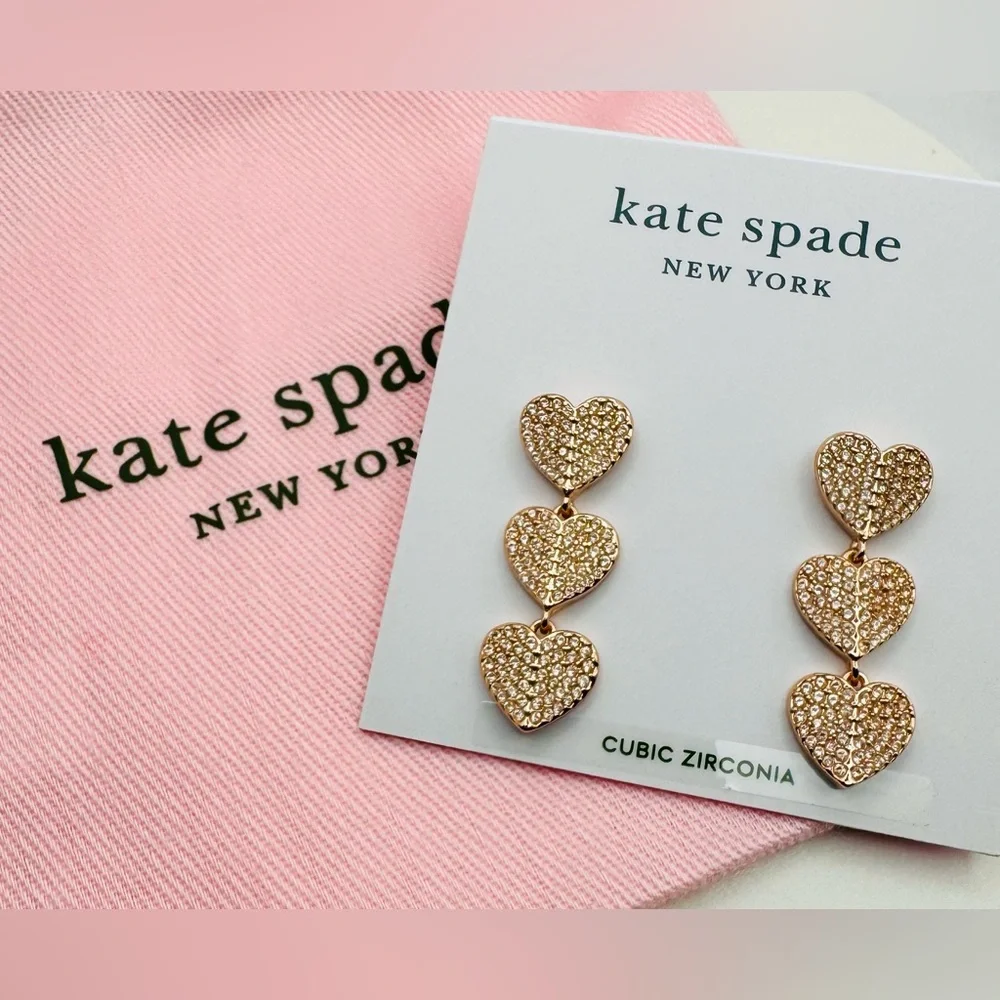 KATE SPADE 🩷 Heart to Heart Pave Triple Drop Earrings Rose Gold NWT